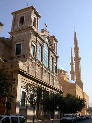 A photo of the Muhammad al Amin mosque and the St. George Cathedral in Beirut. Taken by Joseph Rustom.
